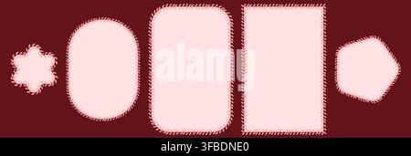 Pink laurel vine borders shape star, oval, rectangle plus pentagon frames on burgundy as minimal botanical wedding trim isolated for invitation labels, tags or romantic stationery layout designs. Stock Vector