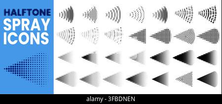 Set of conical halftone mist sprays built from varying dot densities, arcs with spattered gradients. Suited for airbrush branding, disinfection graphics, aerosol labels or technical steam pictograms Stock Vector