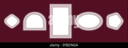 Lavender daisy eyelet lace borders outline diamond, arch, rectangle, ellipse plus pentagon frames on deep maroon as vintage romantic wedding label set for invitations or craft stationery. Stock Vector