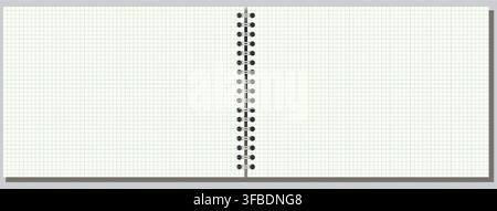 Pale Green engineering grid notebook page shows fine squared ruling, side wire binding, and wide landscape format on white background. Suitable for schoolwork, planning, stationery layouts, notes and Stock Vector