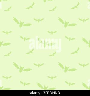 Fresh light green seamless pattern featuring flying bat silhouettes in multiple sizes. A cute pastel Halloween design for fabric, wallpaper, wrapping Stock Vector