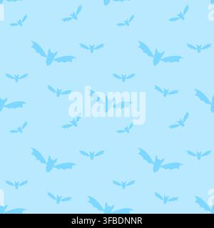 Playful seamless Halloween pattern featuring bright blue flying bat silhouettes on a soft blue background. Suitable for fabric, wallpaper, wrapping pa Stock Vector