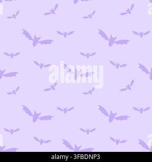 Cute seamless Halloween pattern featuring purple flying bat silhouettes on a soft lavender background. Perfect for fabric, wallpaper, wrapping paper a Stock Vector