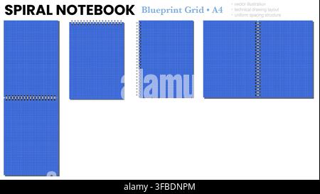 Pale Green engineering grid notebook page shows fine squared ruling, black wire binding, and varied formats on light gray background. Suitable for schoolwork, planning, stationery layouts, notes and Stock Vector