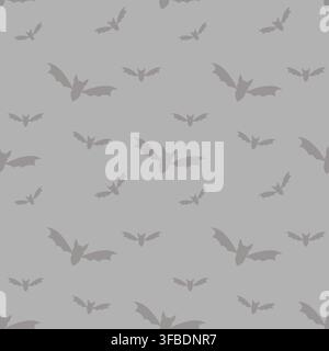 Moody gray seamless Halloween pattern featuring flying bat silhouettes in different sizes. A minimal spooky design for wallpaper, fabric, wrapping pap Stock Vector