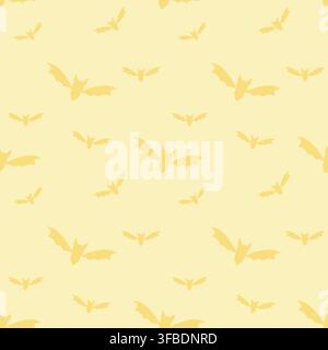 Cheerful seamless Halloween pattern featuring yellow flying bat silhouettes on a soft pastel yellow background. Ideal for fabric, wrapping paper, wall Stock Vector