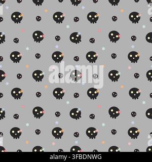 Cute seamless pattern with black skulls and tiny pastel flowers on a gray background. Modern spooky design with kawaii gothic character for Halloween, Stock Vector