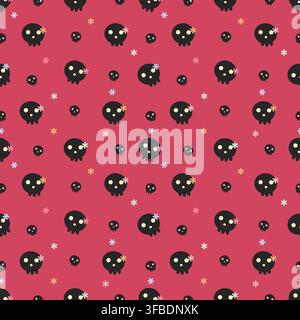 Cute seamless pattern with black skulls and tiny pastel flowers on a red background. Bold spooky design combining kawaii and gothic style for Hallowee Stock Vector