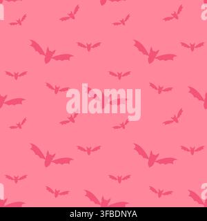 Bold coral red seamless pattern with flying bat silhouettes in various sizes. A colorful Halloween background for fabric, wallpaper, wrapping paper an Stock Vector