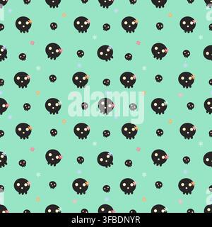 Cute seamless pattern with black skulls and tiny pastel flowers on a mint green background. Fresh pastel spooky design for Halloween, fabric, textiles Stock Vector