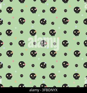 Cute seamless pattern with black skulls and tiny pastel flowers on a soft sage green background. Charming spooky design for Halloween, fabric, textile Stock Vector