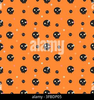 Cute seamless pattern with black skulls and tiny pastel flowers on an orange background. Fun spooky Halloween design for fabric, textiles, wrapping pa Stock Vector