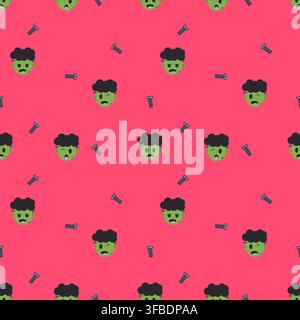 Cute green monster faces and metal bolts arranged in a playful seamless pattern on a vivid pink red background. Colorful Halloween design for fabric, Stock Vector