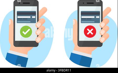 hands holding smartphones showing approved check mark and rejected cross mark icons for online credit card transactions Stock Vector