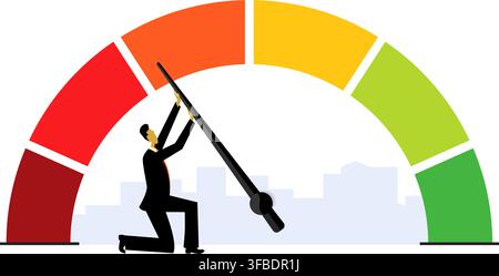 a man in a suit adjusts a large gauge indicator to change performance levels and increase success metrics Stock Vector