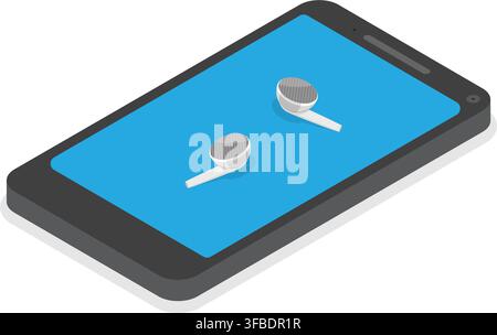 isometric view showing white wireless earphones placed on a smartphone screen Stock Vector