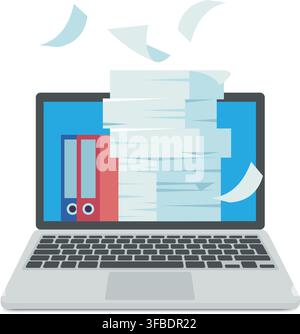 laptop screen showing a huge stack of paper documents, flying pages, and office binders for digital file management Stock Vector