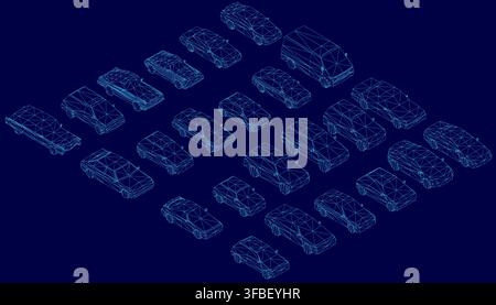 Blueprint of a car on a blue background, featuring an urban vehicle set in detailed wireframe design for engineering and automotive concepts. Isometri Stock Vector