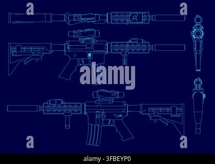 Detailed blueprint of an automatic weapon set on a blue background, featuring precise contour lines of the barrel, muzzle, and stock. Stock Vector