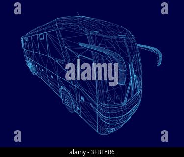 A 3D wireframe model of a bus is displayed on a solid blue background, showcasing its detailed geometric structure and clean vehicle design. Stock Vector