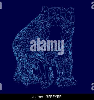 A blue geometric bear walks in contour, composed of intricate squares and lines on a dark background. Stock Vector