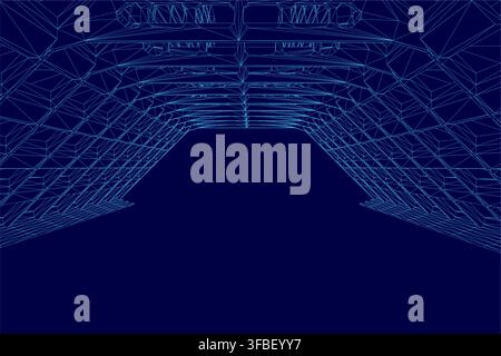 A brutalist interior room blueprint features a stark 3D wireframe model against a solid blue background. Stock Vector