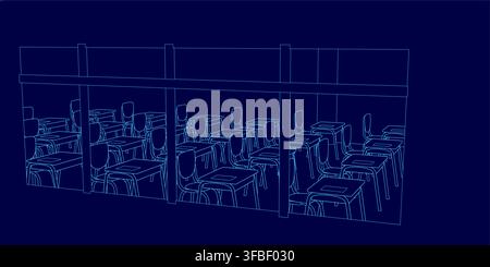 A clean contour line drawing of a well-organized classroom features neat rows of desks and chairs against a deep blue background. Stock Vector