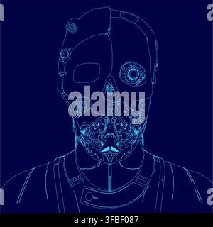 A cyborg man with a human head contour wears a blue skull mask against a dark robotic background. Stock Vector