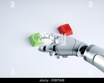 Futuristic robotic hand selects green approval key beside red rejection key on white background. AI-powered verification, automated decision workflows Stock Photo