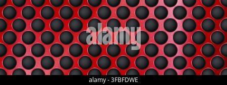 Red seamless perforated metal sheet realistic texture. Metal chrome grill plate with round holes. Modern design carbon radiator bg. Macro speaker radi Stock Vector