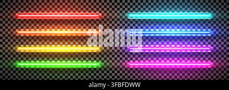 Realistic rainbow led neon horizontal bulb tube light pack isolated. Lazer effect straight lines. Laser beam fluorescent LED halogen diode. Vector ill Stock Vector