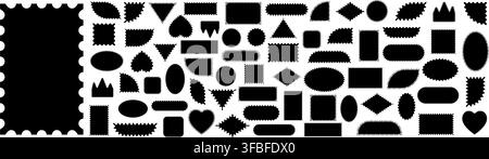 Pack of scalloped black postage frames isolated. Outline border template. Simple minimalist label text box. Blank scallop edge stamp mockup. Vector pn Stock Vector