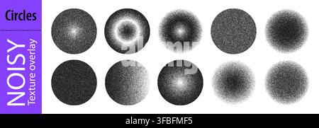 Grainy dot circle with pattern spray and gradient paint effect. Vector abstract texture, noisy shadow of stipple gradation shape. Halftone grunge char Stock Vector