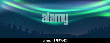 Starry night sky with green aurora borealis background. Bright Northern lights glow over fir forest landscape. Polar lights phenomenon illustration. Natural panorama view. Vector  Stock Vector