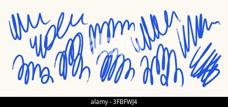Blue brush stroke scribble set. Hand drawn pen scrawl doodle collection. Freehand rough pencil crayon squiggle pack. Messy charcoal sketch swirls bundle. Bold ballpoint curly marks. Vector Stock Vector