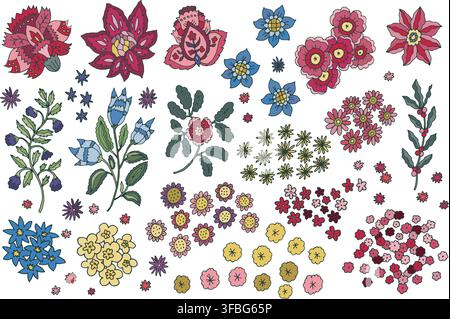 Colorful Folk Floral Elements And Motifs Stock Vector
