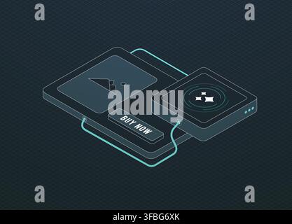 Agentic commerce for AI shopping agents, product discovery, recommendations and checkout workflows. Autonomous purchasing, product selection and commerce experiences vector illustration. Stock Vector