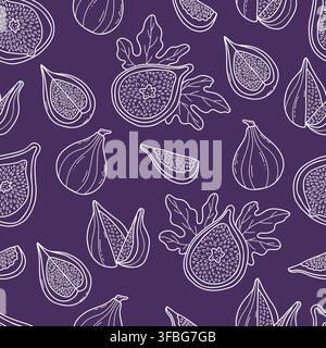 Fig Fruit Seamless Pattern. White Line Art Botanical Rhizome, Cut Half, Sliced Quarters and Leaves on Dark Purple Background. Organic Exotic Food Stock Vector