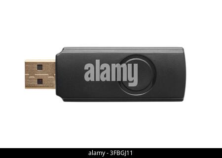 Black plastic USB flash drive isolated on a white background. Flash drive close-up. Stock Photo