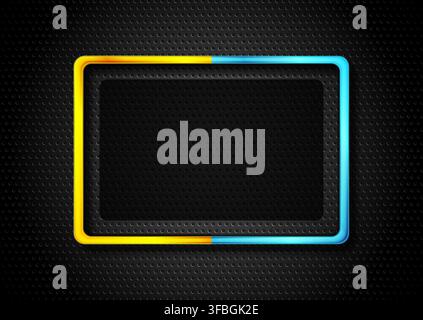 Black perforated background with blue yellow glossy rectangle frame. Geometric tech vector design Stock Vector
