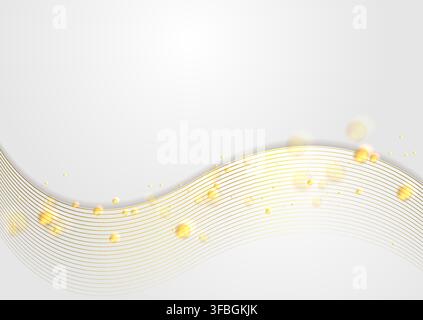 Thin golden wavy lines and flowing liquid bubbles abstract luxury background. Graphic vector design Stock Vector