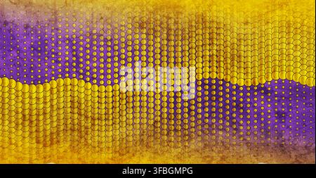 Bright golden and violet grunge dotted lines abstract background. Geometric halftone waves retro vector design Stock Vector