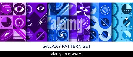 Universe galaxy space seamless patterns set with mosaic modern geometric background of star, planet, rocket abstract shapes. Satellite, moon and black hole in outer space seamless pattern background Stock Vector