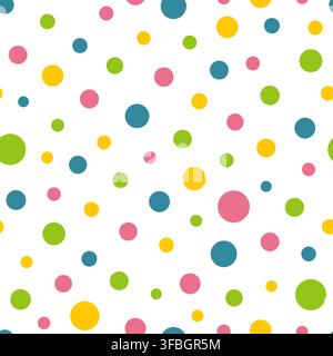Colorful seamless polka dot pattern. Playful background with pink, blue, green and yellow circles in different sizes. Vector design for birthday party Stock Vector