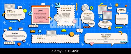 Pack with different size testimony layouts drawn in neo brutalism style. Story, post and web banner size. Stock Vector