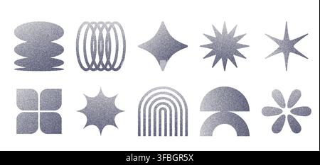 Grain geometric shapes and figures. Vector abstract elements with noise texture including stars, arches, bursts, petals and symmetrical symbols. Vintage monochrome dotted noisy and grainy elements set Stock Vector