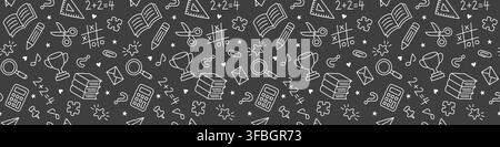 Back to school seamless doodle banner. Hand drawn education background with books, pencil, scissors, calculator, ruler, trophy, magnifier and school s Stock Vector