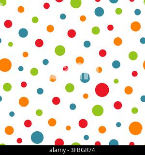 Colorful seamless polka dot pattern. Playful party background with red, green, blue and orange circles in different sizes. Vector design for birthday Stock Vector