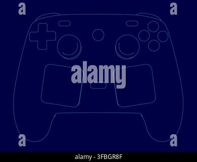 A blue video game controller with a white contour outline rests on a dark blue background. The design is clear and distinct for console gaming. Stock Vector