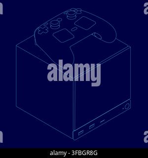 A blue video game controller rests on a matching box, its contours highlighted against a dark blue background. Stock Vector